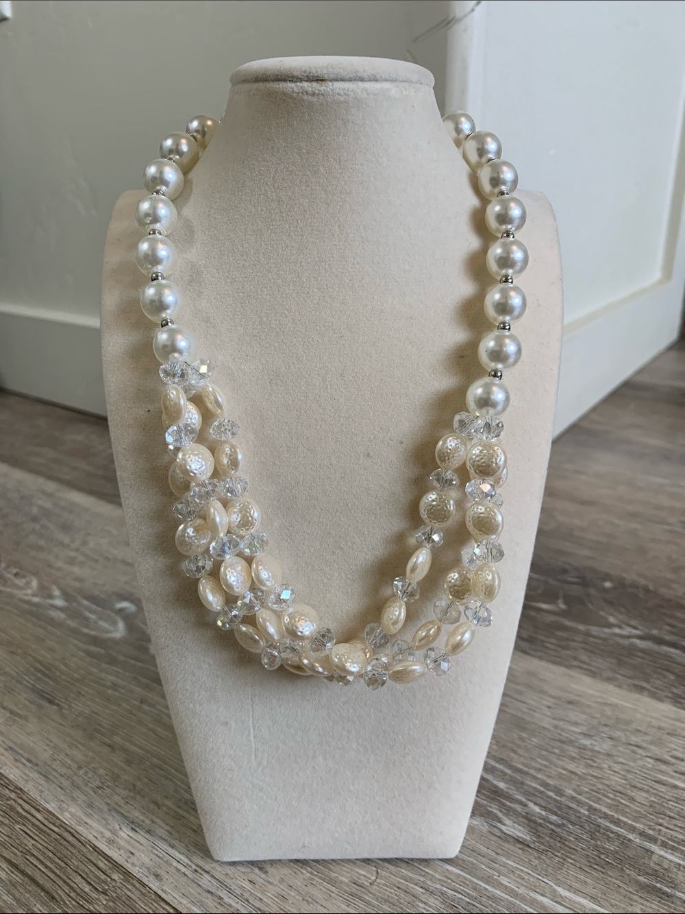 Elegant Cream Faux Pearl and Crystal Plastic Multi-Strand Necklace